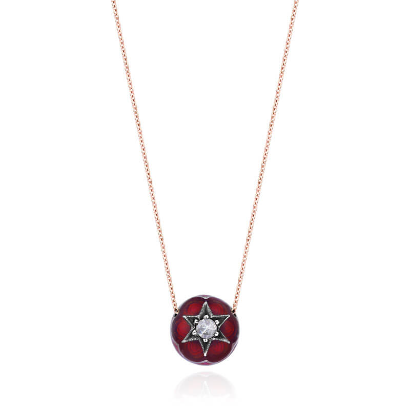 Red Enamel Necklace Gold Silver Diamond