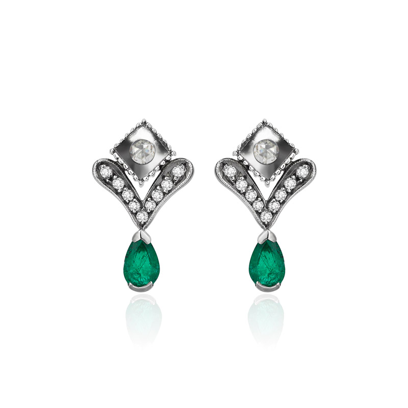 Drop Emerald Earring Gold Silver Diamond