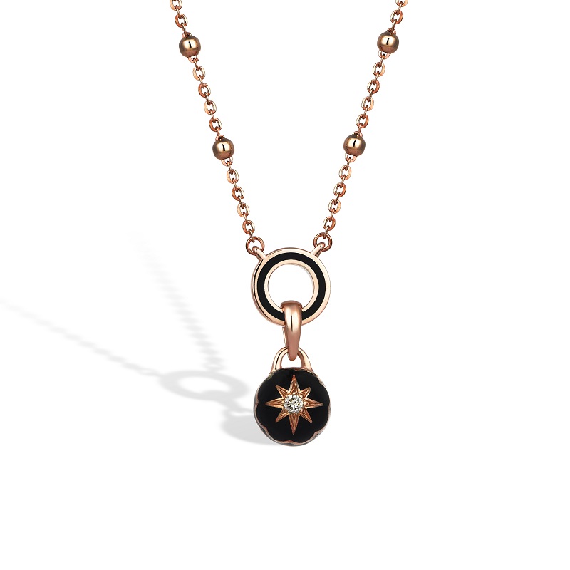 Seed Chain Rose Gold Plated Black Round Star Charm Necklace